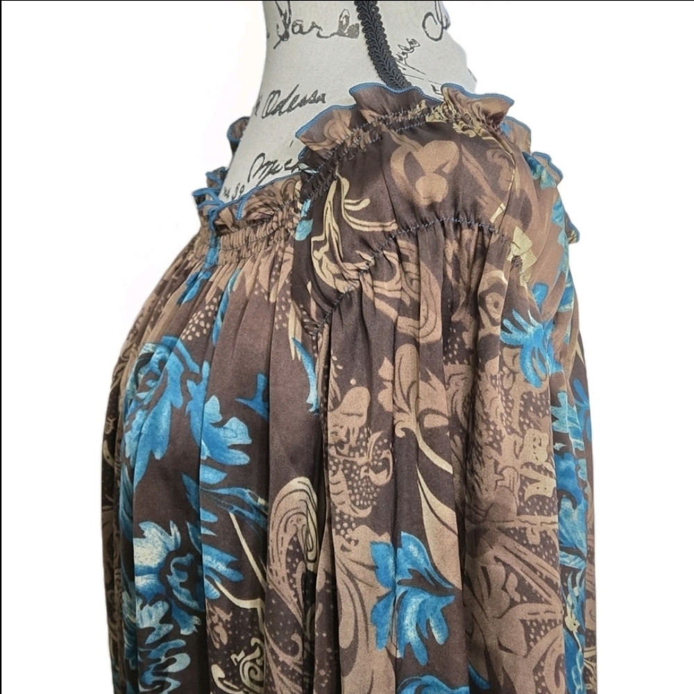 Dressbarn Satin Floral Blouse Brown Blue Paisley Cottagecore 3/4‎ Sleeve Sz 1X - Picture 4 of 11